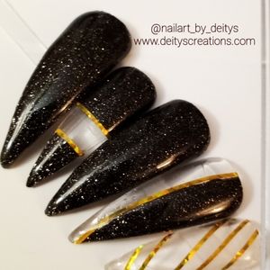 Black glitter w gold n negative space stiletto luxury acrylic press on nails